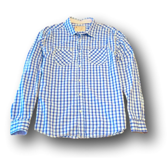 Plaid button-down shirt featuring blues and white western style - Picture 1 of 2